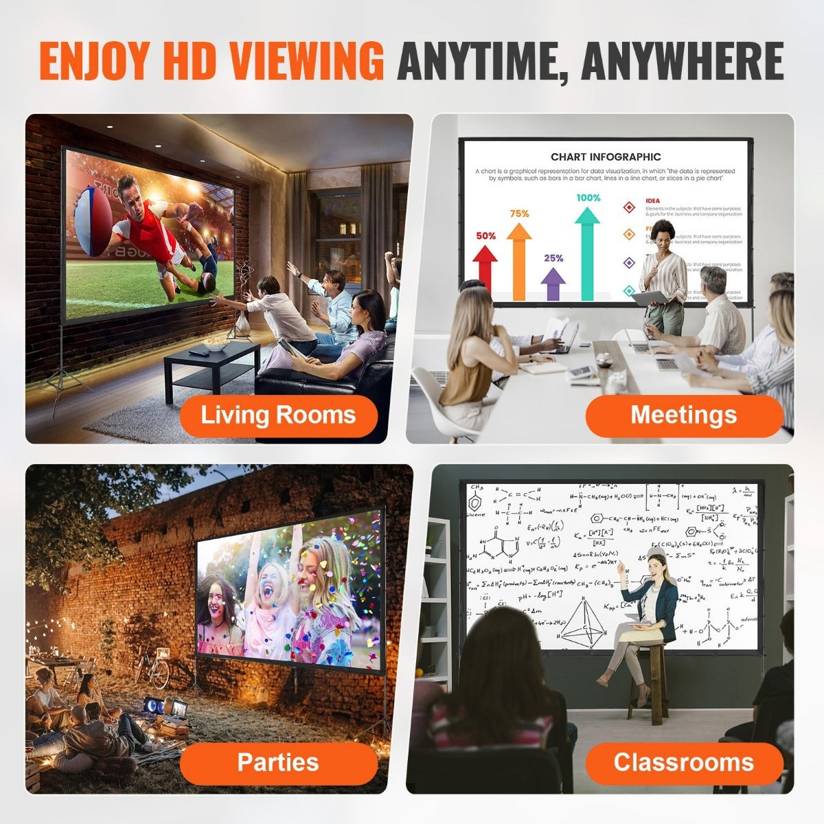 100/120/150 inch Projector Screen with Stand, 16:9 4K HD Portable Projection Screen for Indoor Outdoor Home Theater, Backyard Movie Night