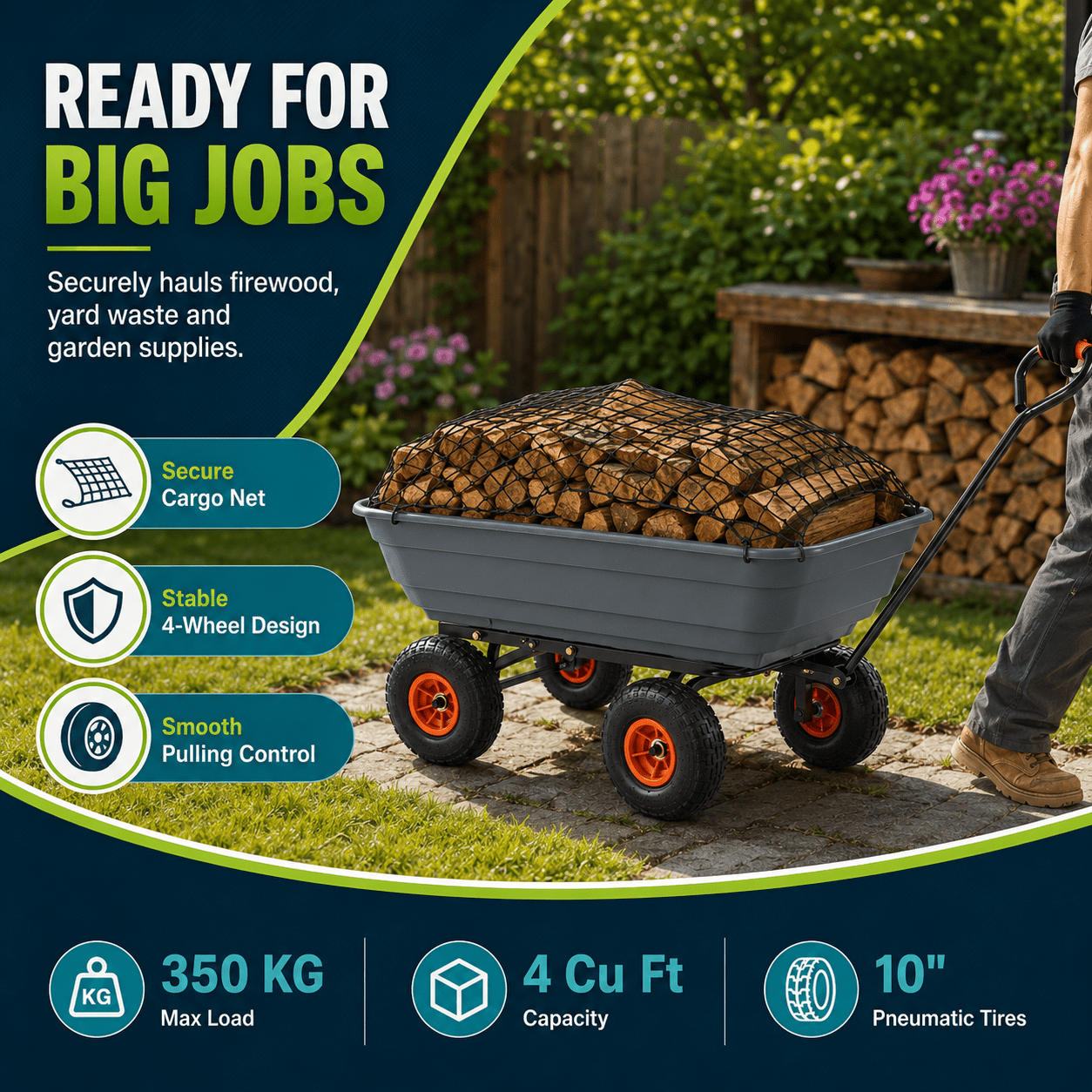 Heavy Duty Garden Wagon Cart, 350 KG Max Load Utility Yard Cart, 4 Cu Ft PP Tub, 10" Pneumatic Tires, 180° Handle, Overall 74.80"L x 25"W x 20.87"H