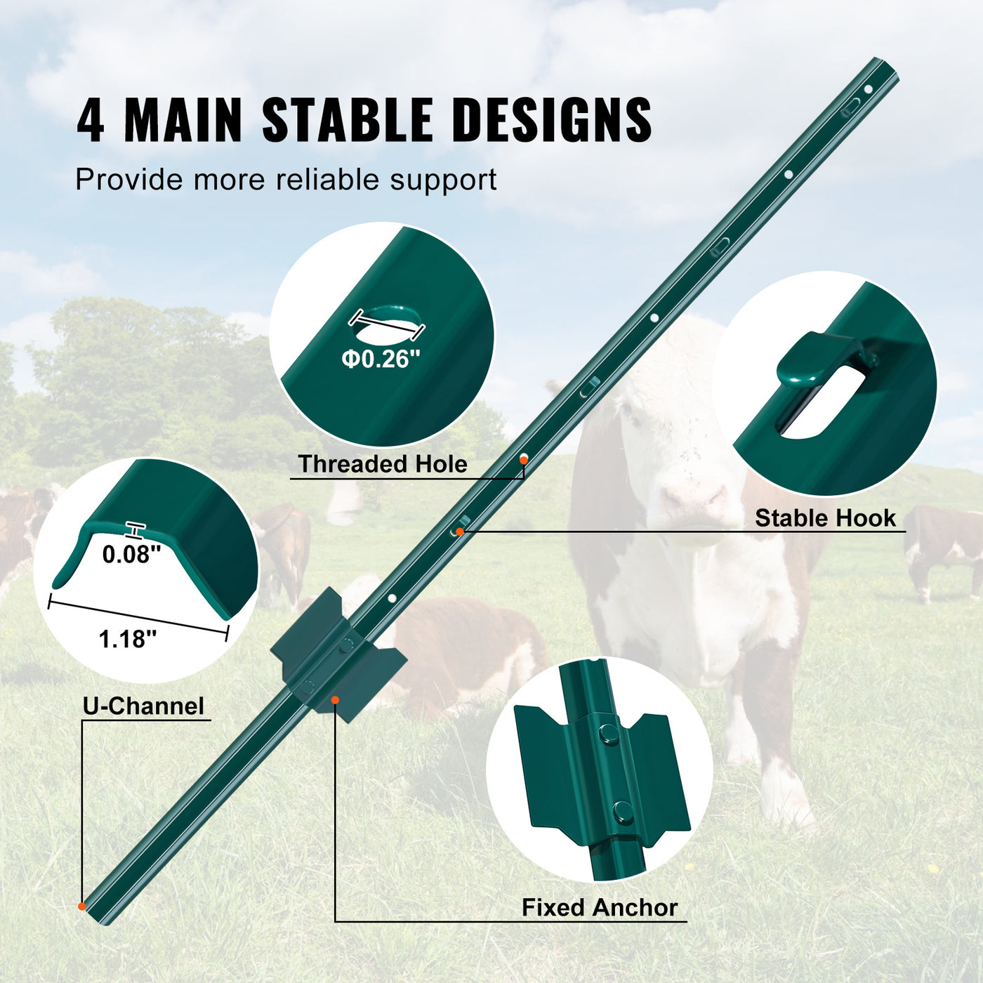 Green T Post Metal Fence Posts 4/5/6/7FT, 10 Pack Heavy Duty Steel Fence Stakes for Farm Garden Livestock Chicken Wire Fencing