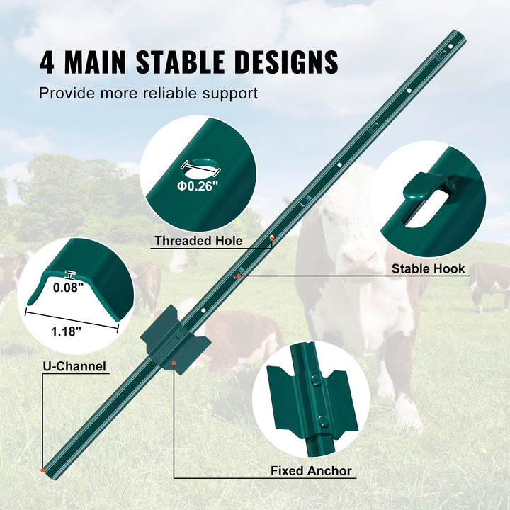 Green T Post Metal Fence Posts 4/5/6/7FT, 10 Pack Heavy Duty Steel Fence Stakes for Farm Garden Livestock Chicken Wire Fencing