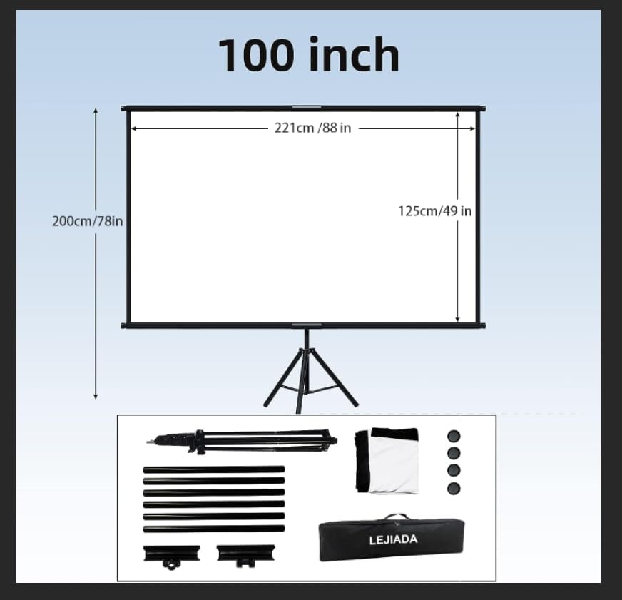 Portable Tripod Projector Screen with Stand, 16:9 4K Ultra HD 1080P Full HD Anti-Crease Projection Screen with Carry Bag for Indoor Outdoor Home Theater Party Movie Night