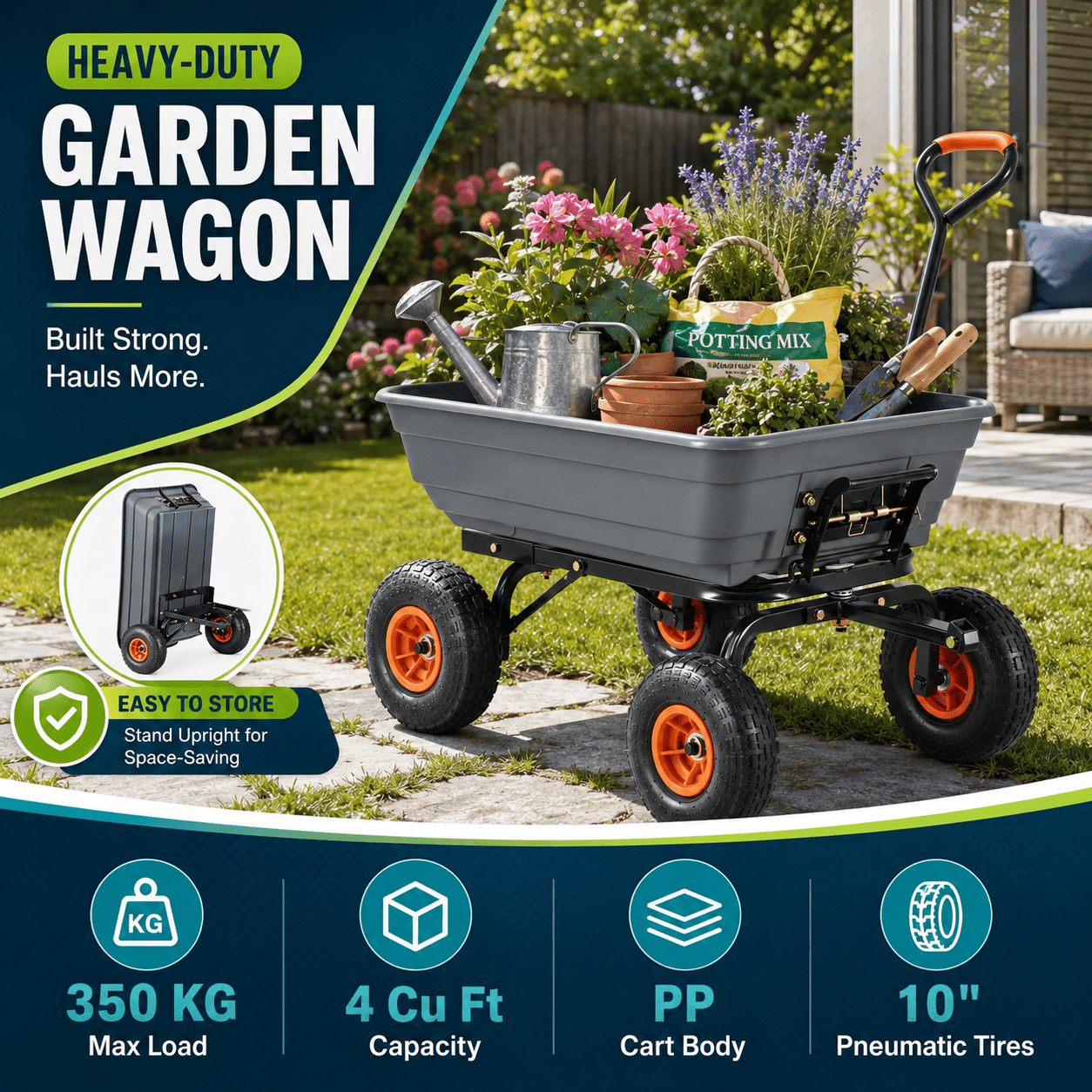 Heavy Duty Garden Wagon Cart, 350 KG Max Load Utility Yard Cart, 4 Cu Ft PP Tub, 10" Pneumatic Tires, 180° Handle, Overall 74.80"L x 25"W x 20.87"H