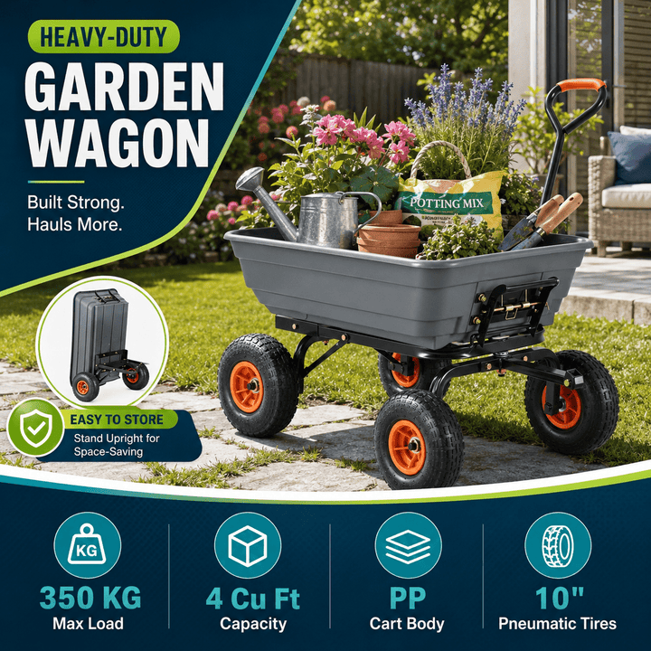 Heavy Duty Garden Wagon Cart, 350 KG Max Load Utility Yard Cart, 4 Cu Ft PP Tub, 10" Pneumatic Tires, 180° Handle, Overall 74.80"L x 25"W x 20.87"H