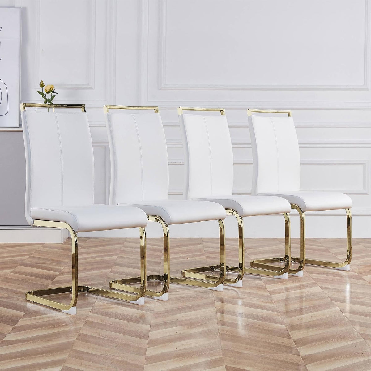 High Back Padded Dining Chairs with Golden Metal Legs, Faux Leather Kitchen Side Chair Sold in 1/2/4 Sets