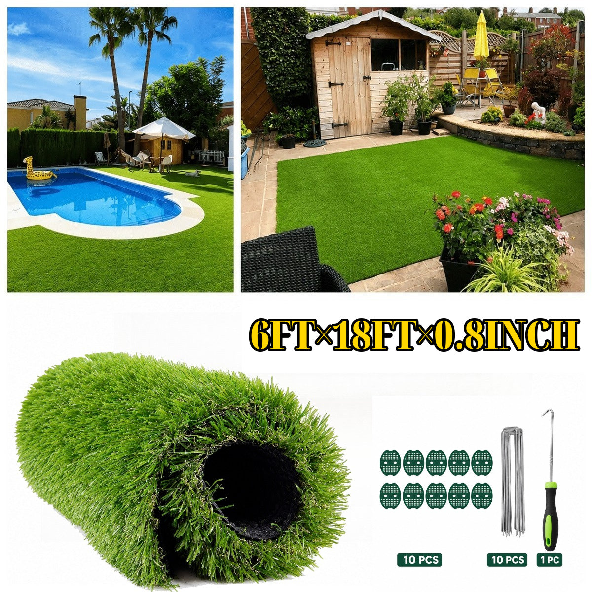 6FT x 18FT Artificial Grass Turf, 0.8in Thick Synthetic Turf Roll with Thickened Backing, Drainage Holes & Installation Accessories, Easy-Care Low-Cost Maintenance Fake Grass for Dogs, Patio, Poolside, Backyard, Porch, Garden & Pet Area
