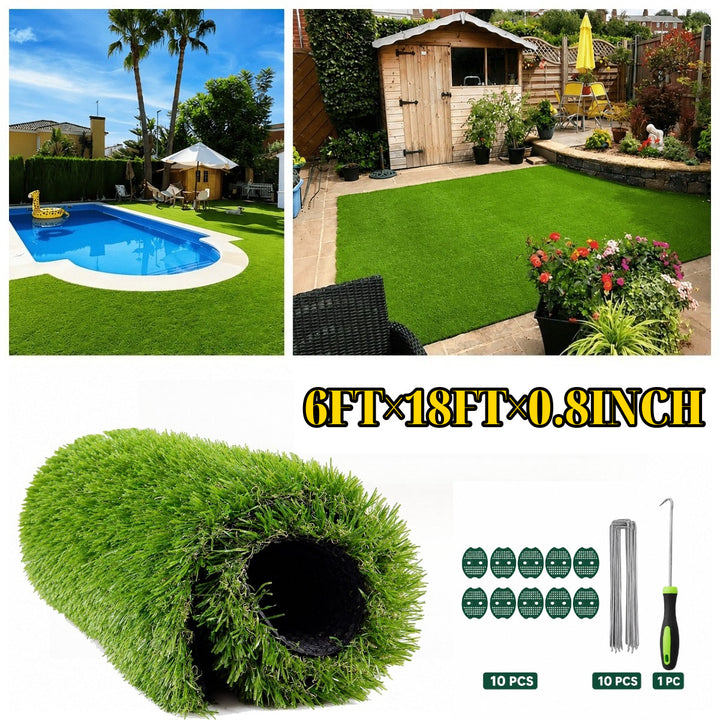 6FT x 18FT Artificial Grass Turf, 0.8in Thick Synthetic Turf Roll with Thickened Backing, Drainage Holes & Installation Accessories, Easy-Care Low-Cost Maintenance Fake Grass for Dogs, Patio, Poolside, Backyard, Porch, Garden & Pet Area