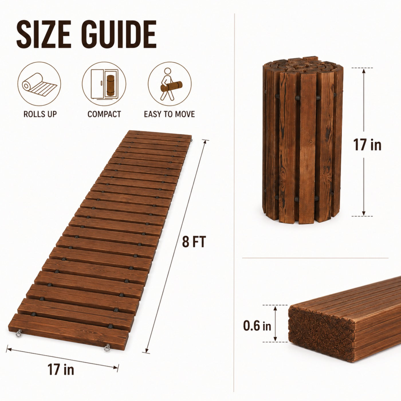 Roll-Up Natural Hardwood Garden Pathway Mat, Weather Resistant Outdoor Wooden Walkway, Multiple Sizes 8/10/12FT, Natural & Brown Color Options