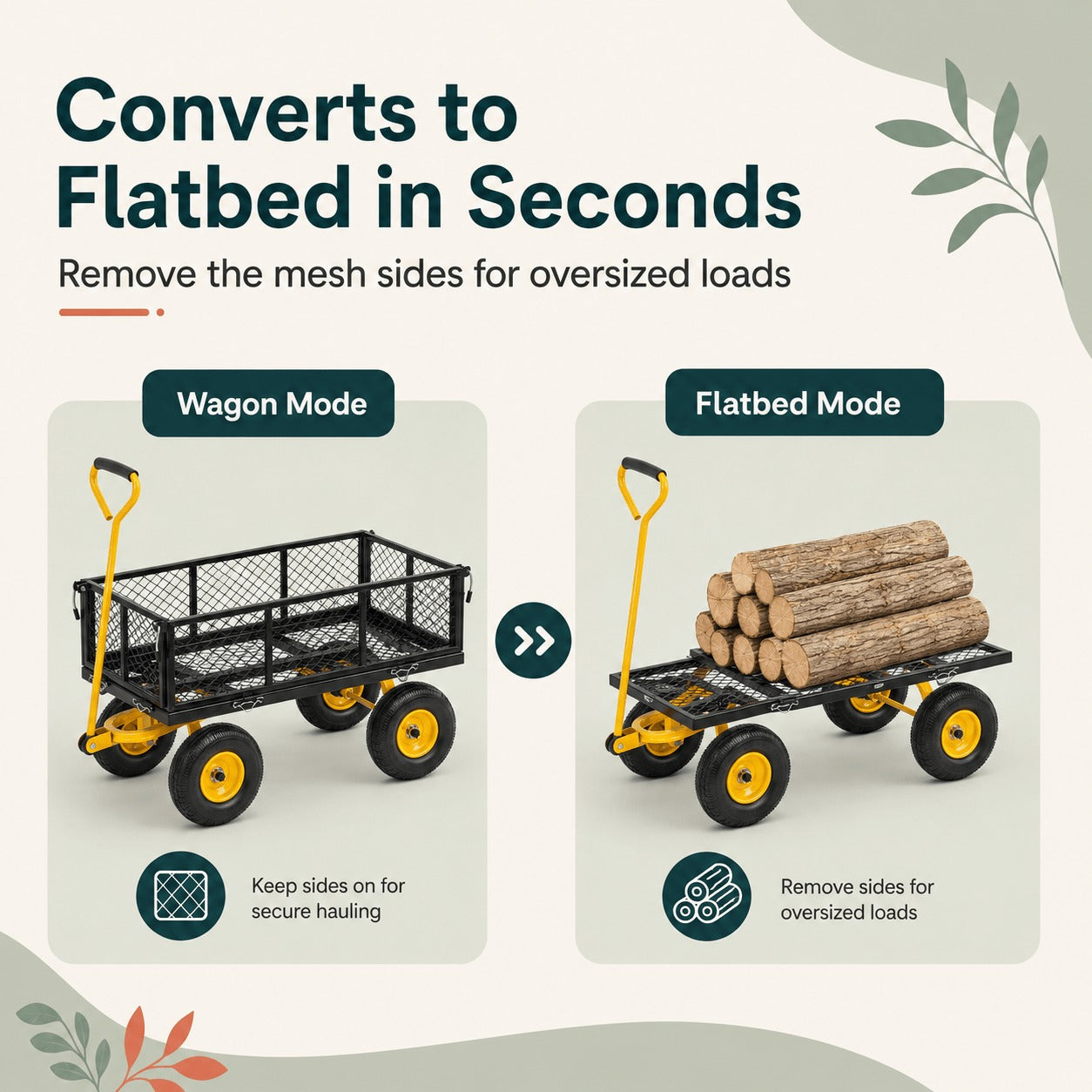 Steel Hand Truck & Utility Cart, Side-Loading Multi-Purpose Trolley, Heavy-Duty Outdoor Wagon for Rural, Garden and Warehouse Loading