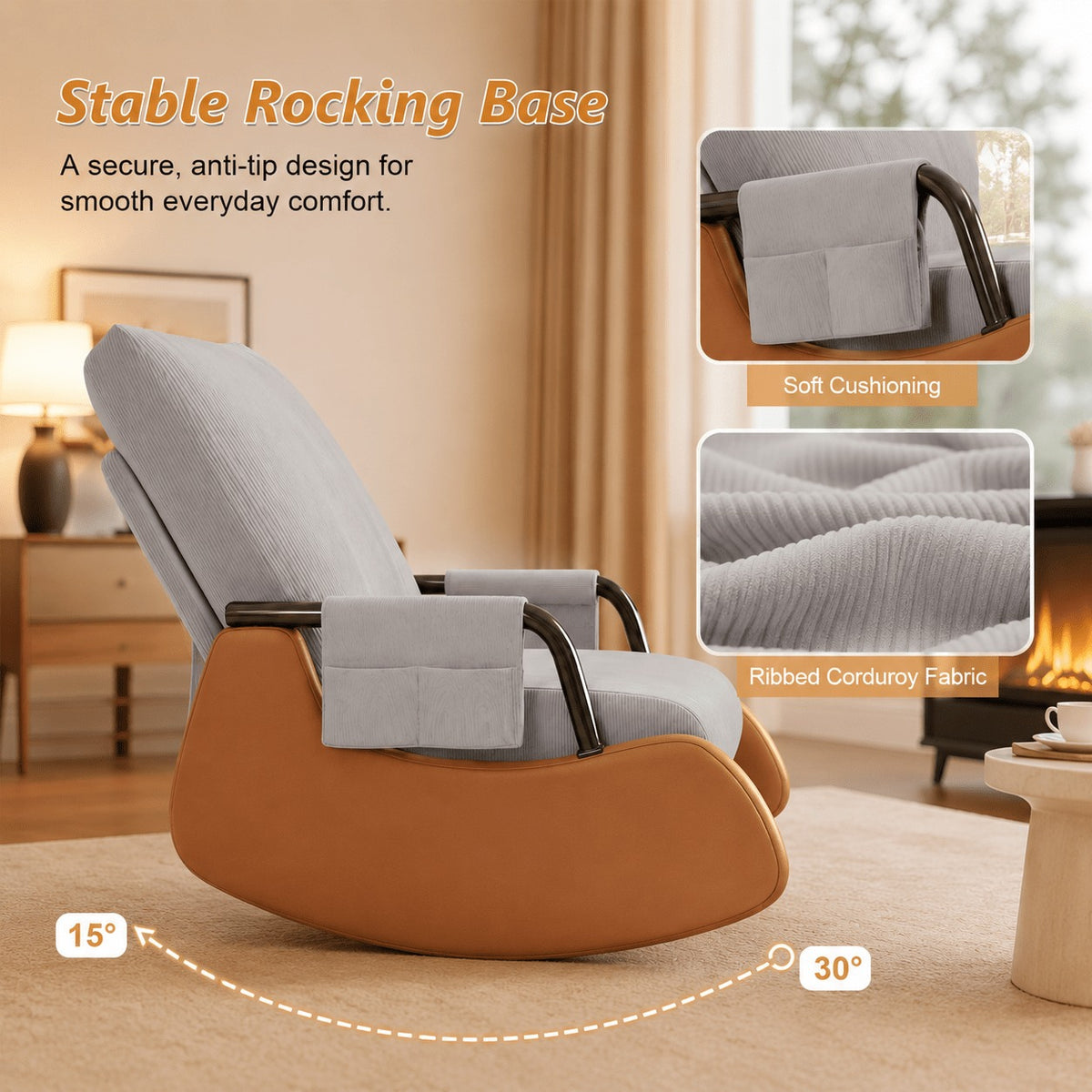 Adjustable Corduroy Rocker Recliner with Footrest & Side Pocket for Nursery Bedroom