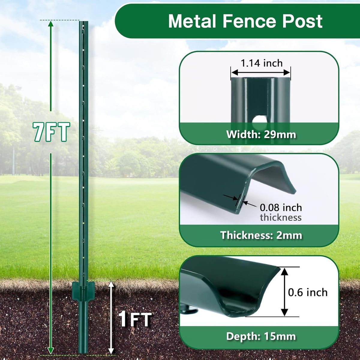 4/5/6/7FT Metal Fence Posts, 10-Pack Heavy Duty Green T-Posts for Outdoor Garden Fencing, Metal Fence Stakes for Outdoor Garden & Yard Fencing, Sturdy and Practical Design