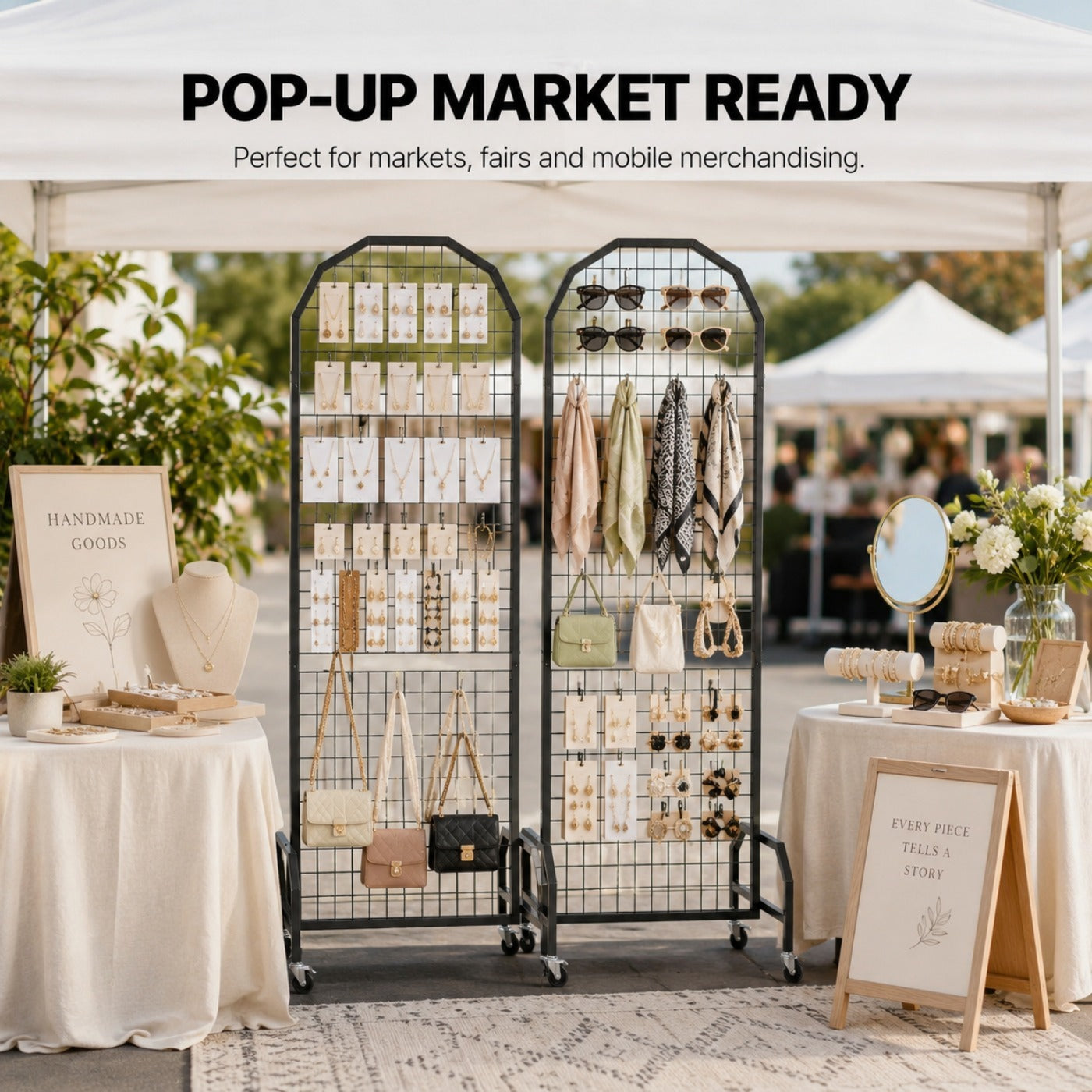 Wall Mount & Mobile Metal Wire Grid Wall Panel, Multi-Size Grid Display Wall for Home Decor, Retail Shop Exhibition Display, Black White Gold Available