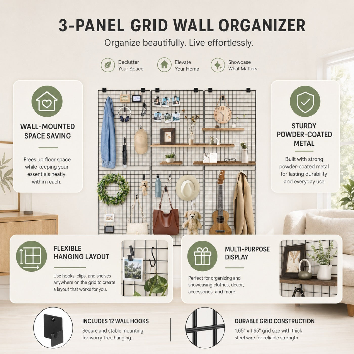 Wall Mount & Mobile Metal Wire Grid Wall Panel, Multi-Size Grid Display Wall for Home Decor, Retail Shop Exhibition Display, Black White Gold Available
