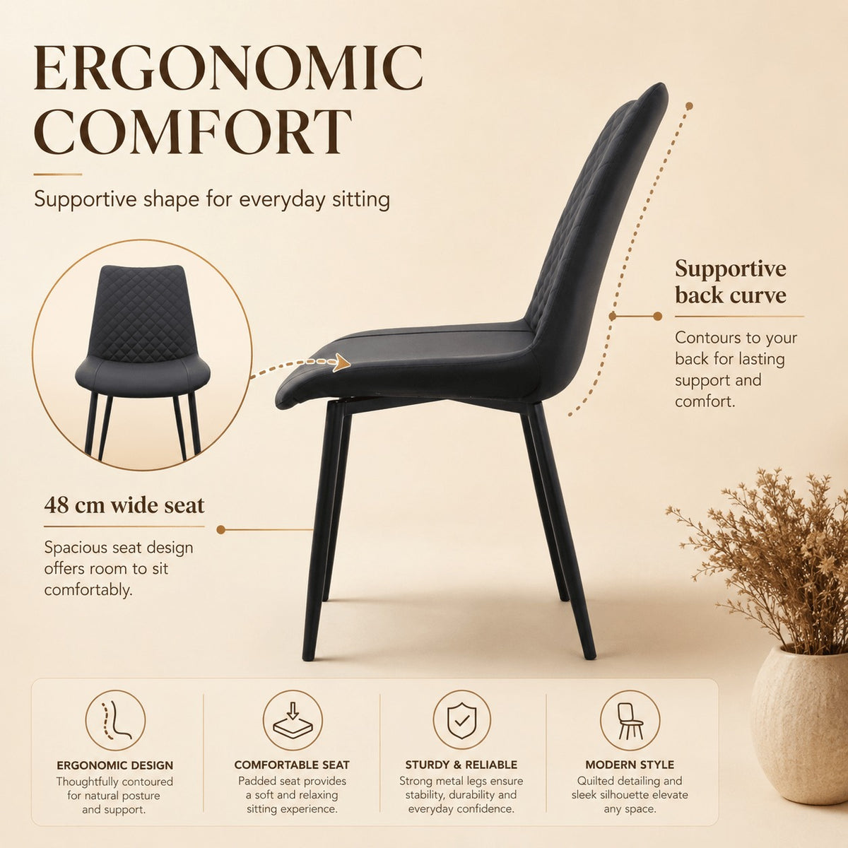 Black PU Leather Dining Chairs 1/2/4 Set, Metal Leg Accent Chairs