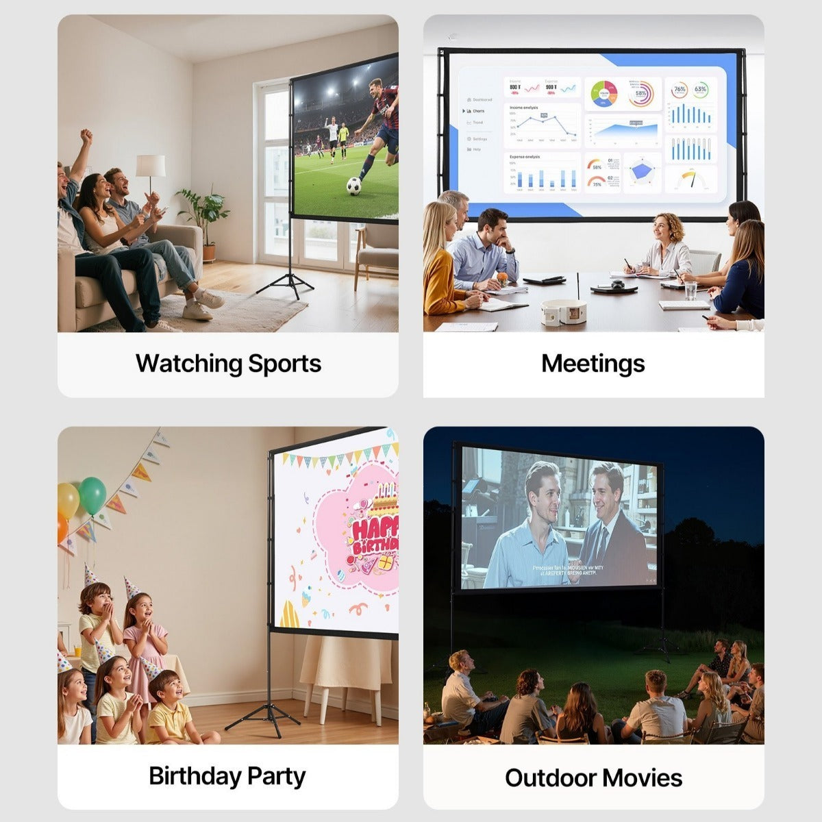100/120/150 inch Projector Screen with Stand, 16:9 4K HD Portable Projection Screen for Indoor Outdoor Home Theater, Backyard Movie Night