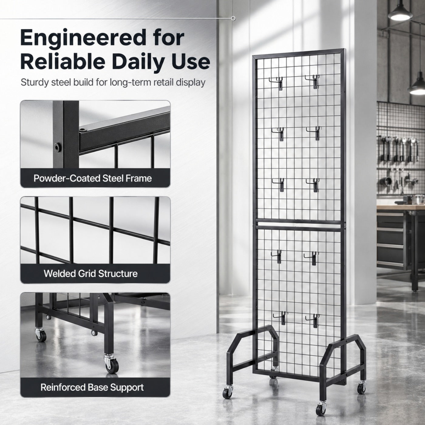Wall Mount & Mobile Metal Wire Grid Wall Panel, Multi-Size Grid Display Wall for Home Decor, Retail Shop Exhibition Display, Black White Gold Available