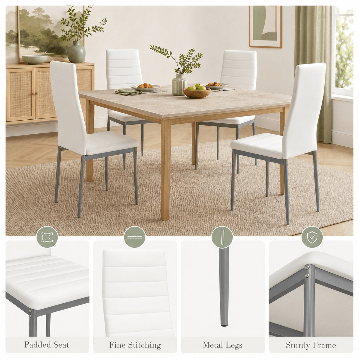 Modern Leather Accent Dining Chairs 1/2/4, Space Saving Metal Leg Kitchen Chairs with Thick Cushions