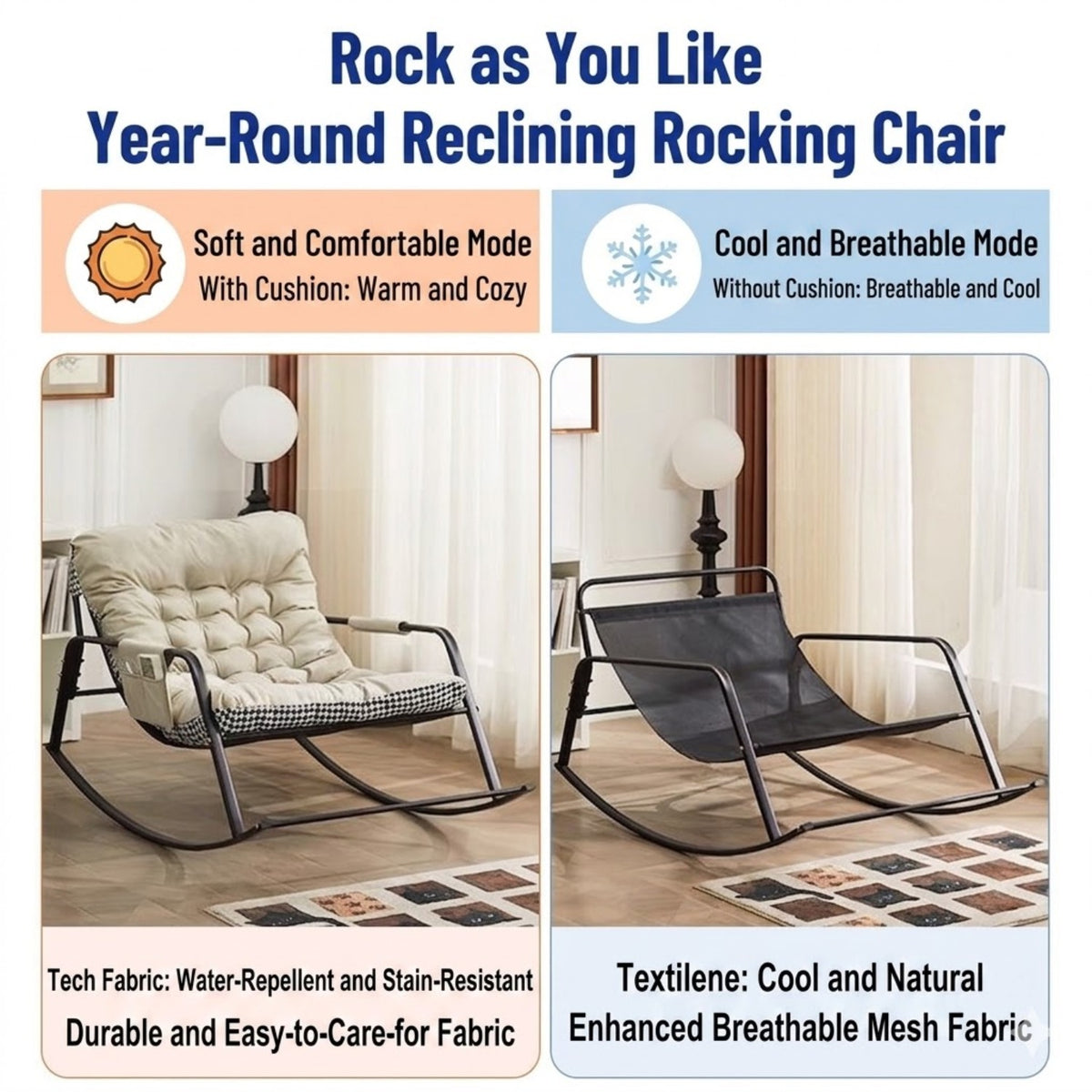 Ergonomic Linen Glider Rocker Recliner with Armrests for Indoor Use