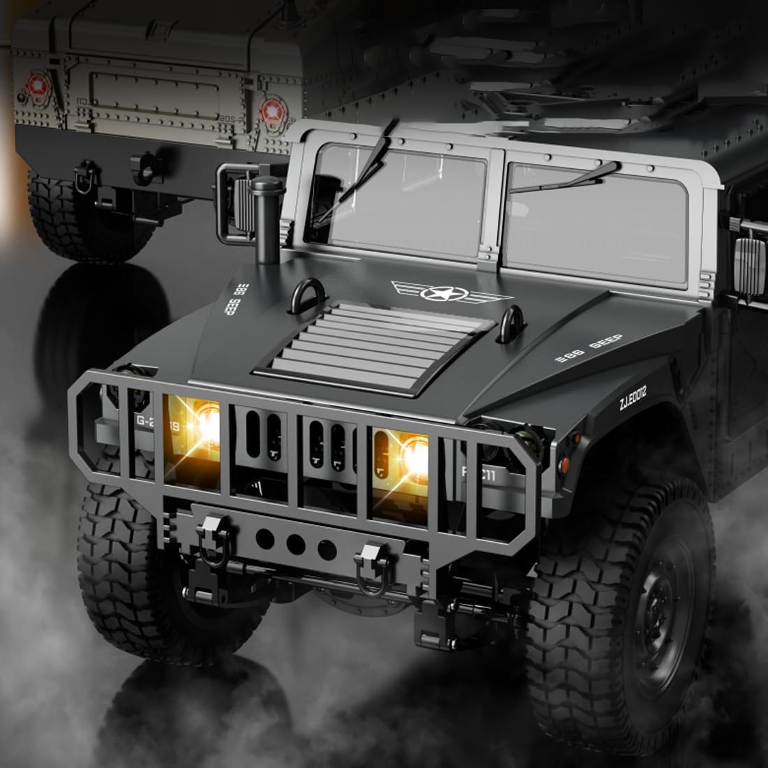 1/12 Scale Military RC Trail Truck, 2.4G Proportional RTR Off-Road Vehicle with LED Lights, Linked Steering, Openable Trunk, Type-C Charging (Advanced, Black)