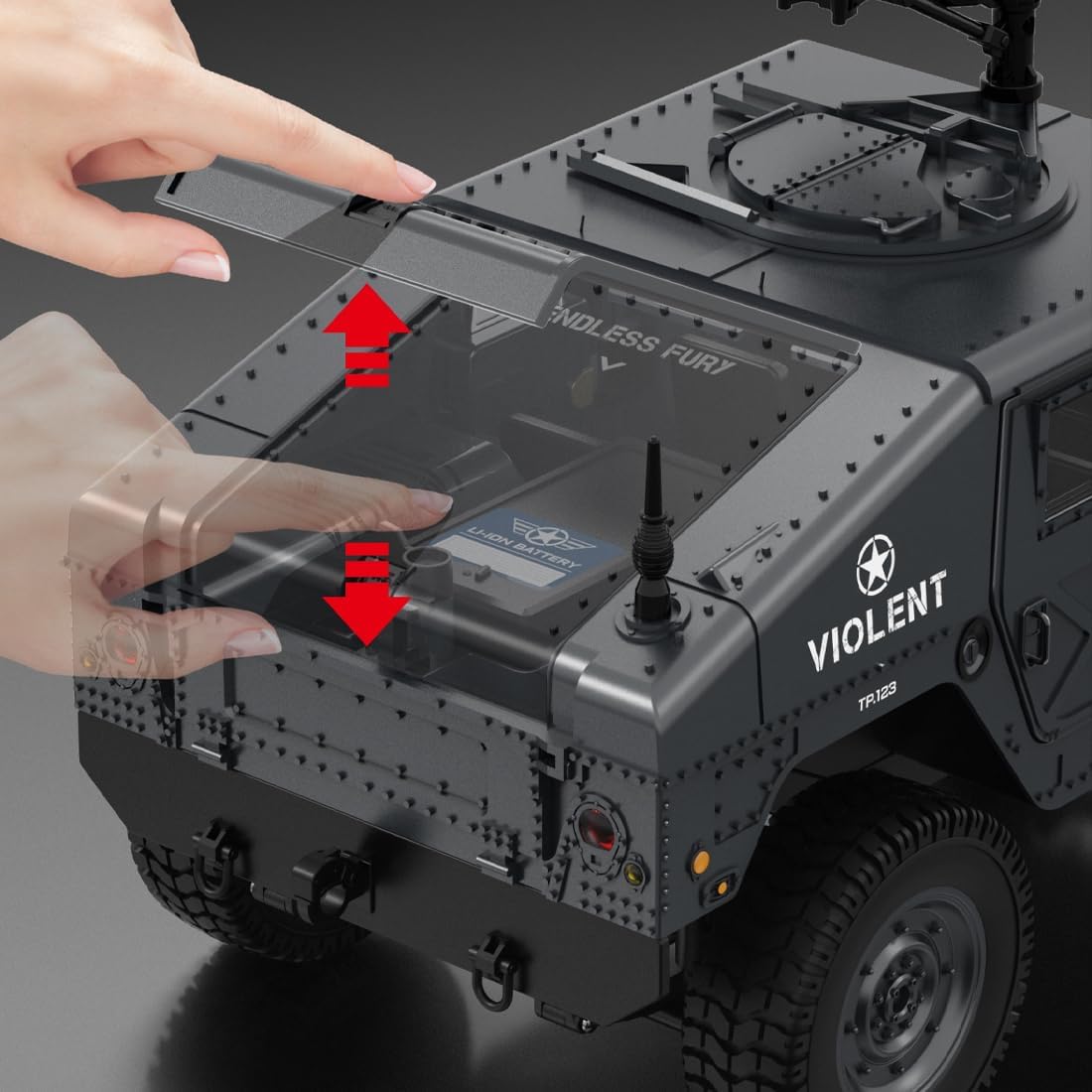 1/12 Scale Military RC Trail Truck, 2.4G Proportional RTR Off-Road Vehicle with LED Lights, Linked Steering, Openable Trunk, Type-C Charging (Advanced, Black)