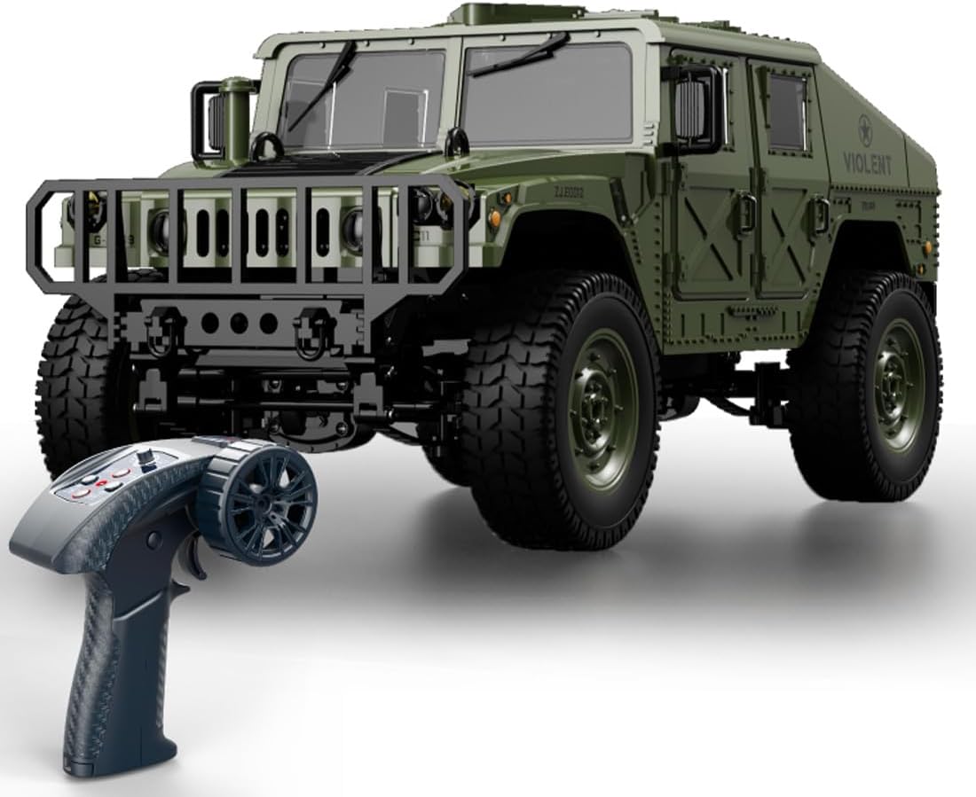 1/12 Scale Military RC Trail Truck, 2.4G Proportional RTR Off-Road Vehicle with LED Lights, Linked Steering, Openable Trunk, Type-C Charging (Advanced, Black)