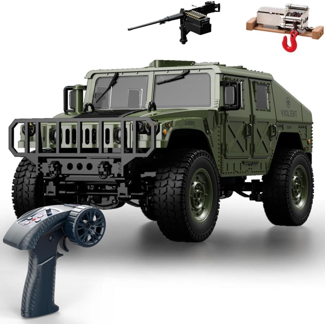 1/12 Scale Military RC Trail Truck, 2.4G Proportional RTR Off-Road Vehicle with LED Lights, Linked Steering, Openable Trunk, Type-C Charging (Advanced, Black)