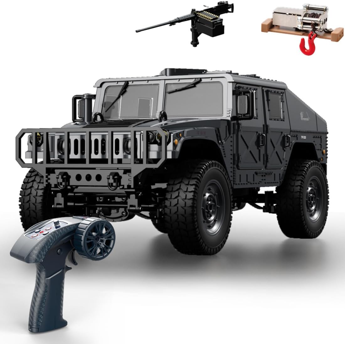 1/12 Scale Military RC Trail Truck, 2.4G Proportional RTR Off-Road Vehicle with LED Lights, Linked Steering, Openable Trunk, Type-C Charging (Advanced, Black)