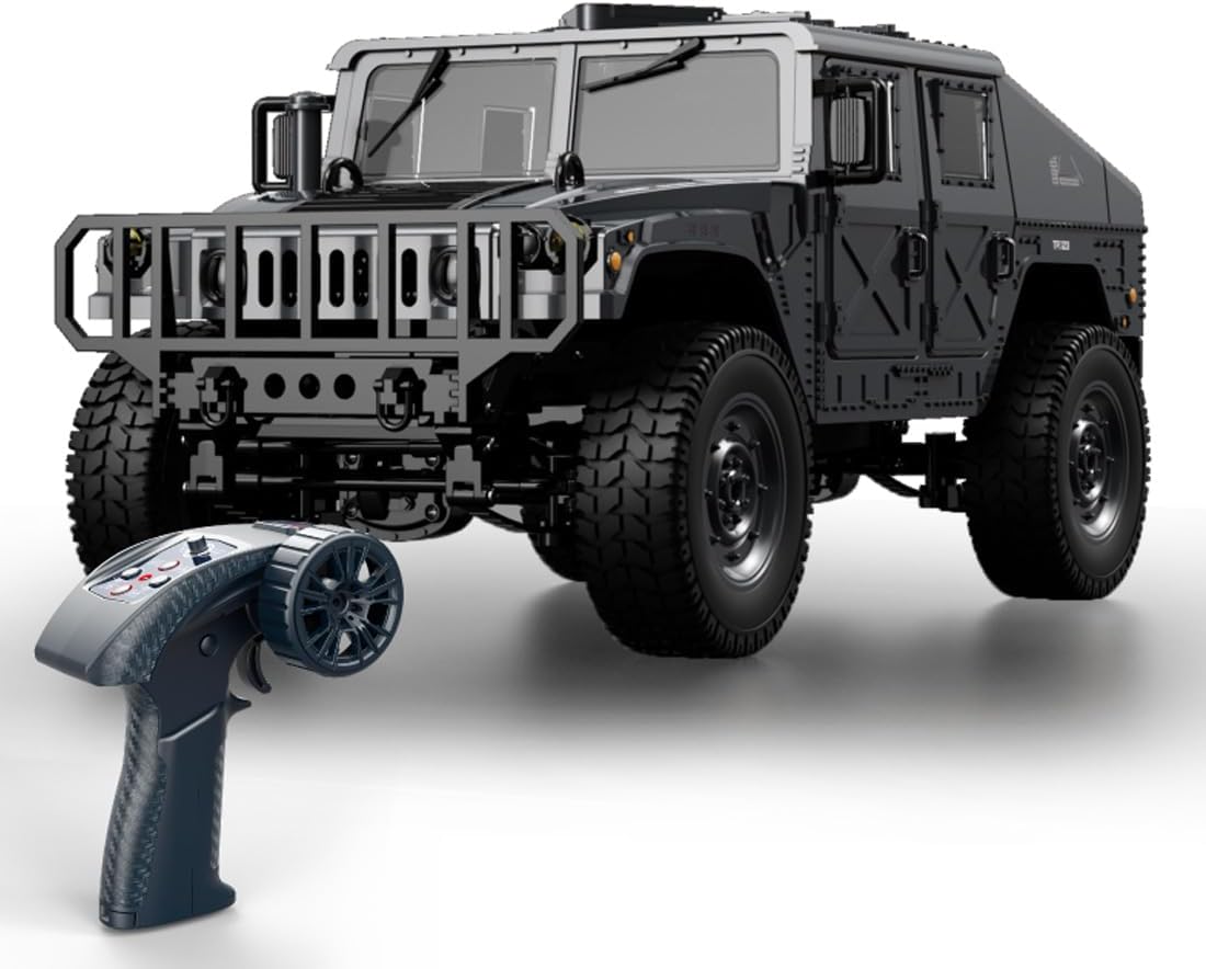 1/12 Scale Military RC Trail Truck, 2.4G Proportional RTR Off-Road Vehicle with LED Lights, Linked Steering, Openable Trunk, Type-C Charging (Advanced, Black)