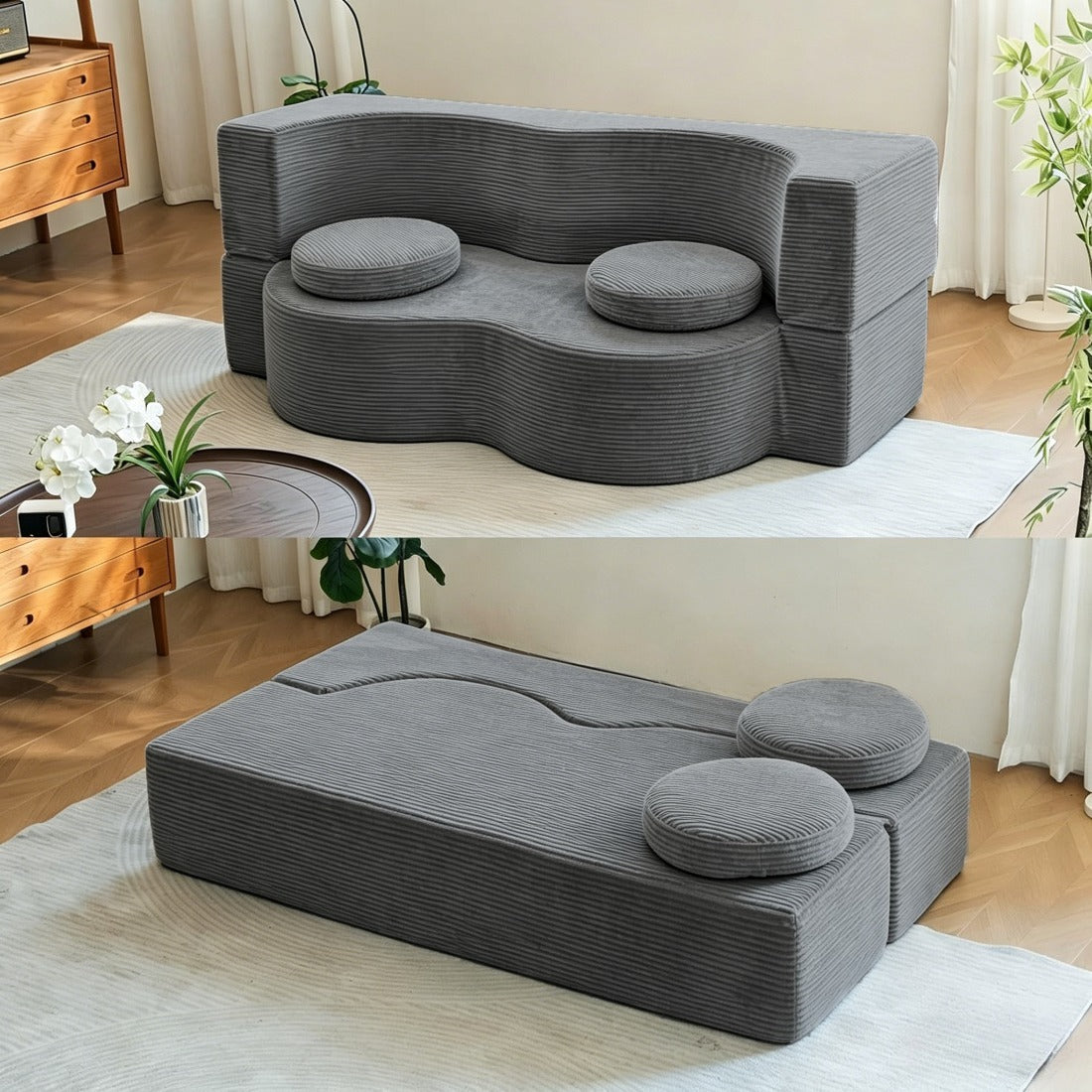 Ultra Soft Gray Compressed Floor Sectional Sofa, Multi-Position Reclining Modular Couch, Easy Setup Foldable Sofa Guest Bed
