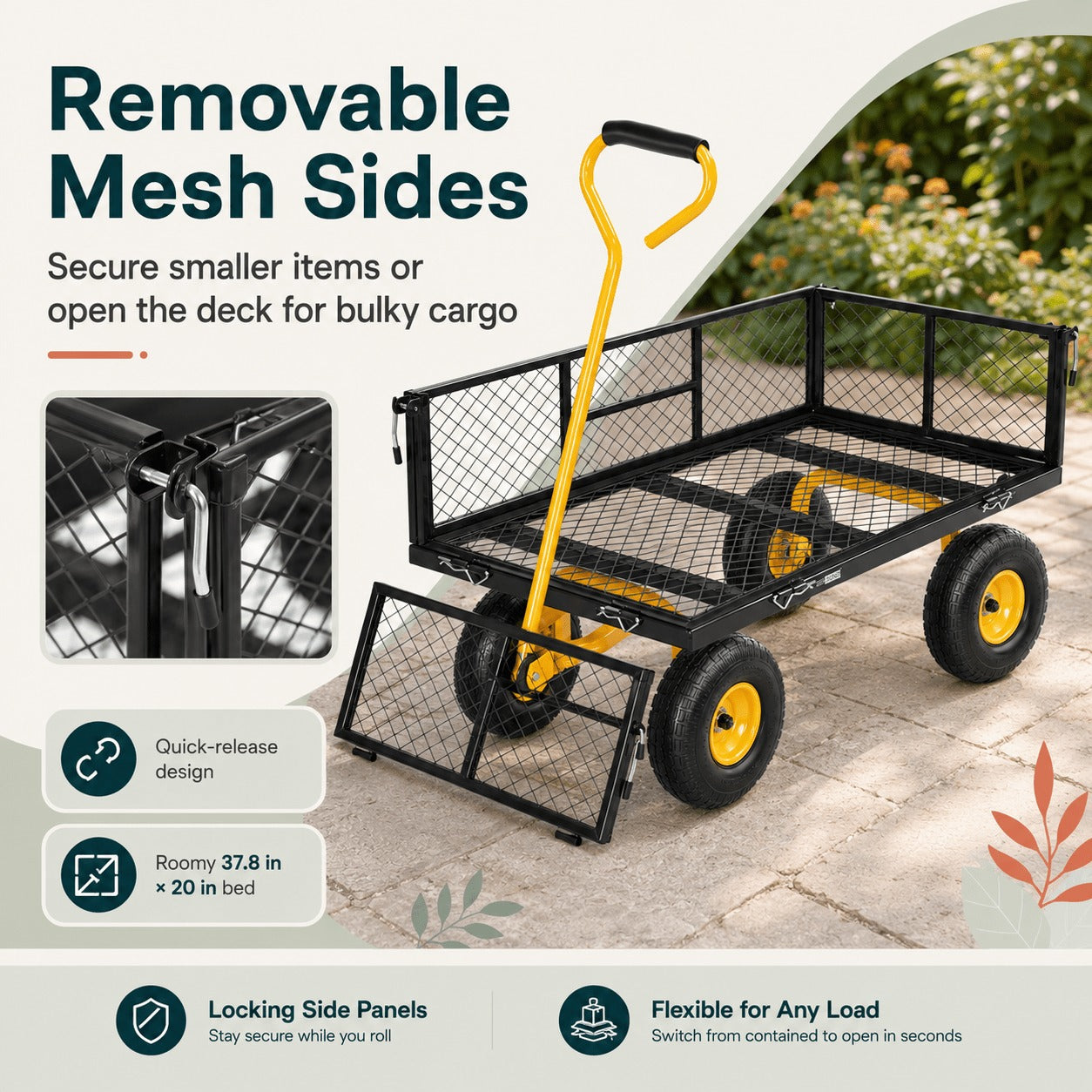 Steel Hand Truck & Utility Cart, Side-Loading Multi-Purpose Trolley, Heavy-Duty Outdoor Wagon for Rural, Garden and Warehouse Loading