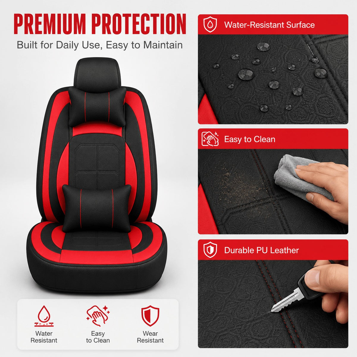 Universal Full Set 5 Car Seat Covers for 5-Seater Vehicles, Waterproof Faux Leather Auto Seat Cushion Protector, Multiple Styles Black Red Pink Blue Orange Gray Car Seat Covers Interior Decoration for Sedan SUV Van Pickup Truck