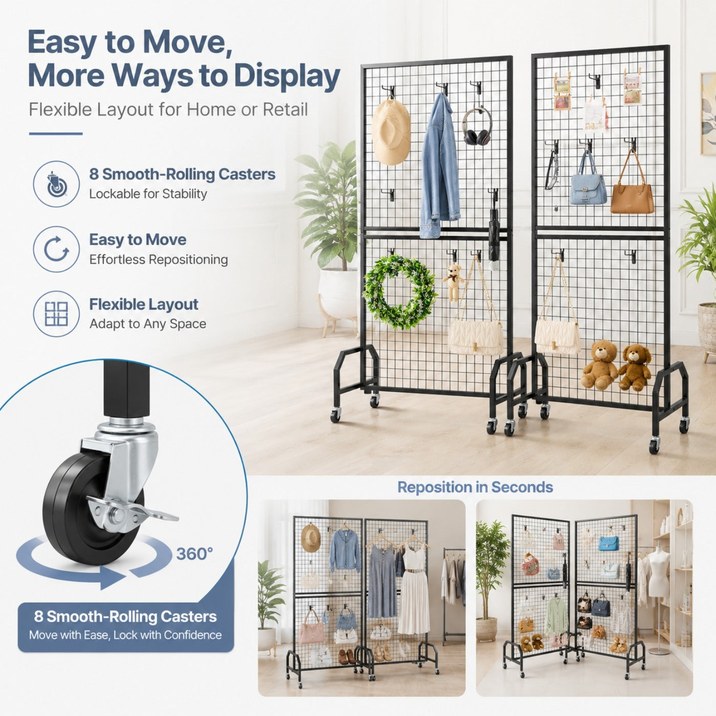 Wall Mount & Mobile Metal Wire Grid Wall Panel, Multi-Size Grid Display Wall for Home Decor, Retail Shop Exhibition Display, Black White Gold Available