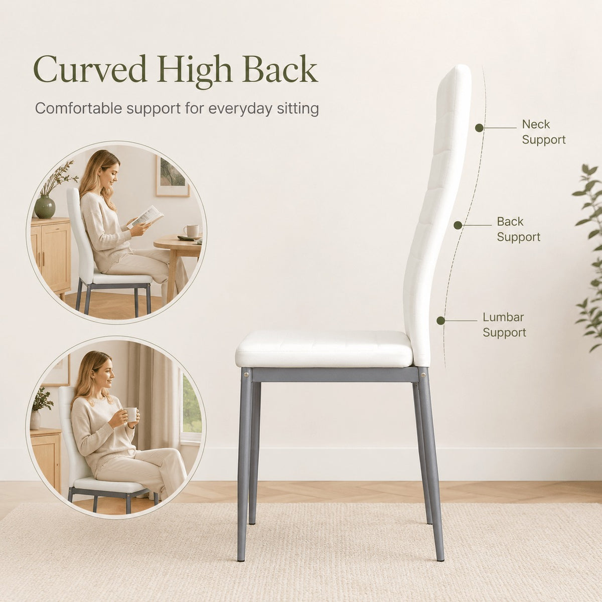 Modern Leather Accent Dining Chairs 1/2/4, Space Saving Metal Leg Kitchen Chairs with Thick Cushions