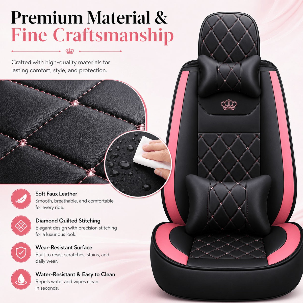 Universal Full Set 5 Car Seat Covers for 5-Seater Vehicles, Waterproof Faux Leather Auto Seat Cushion Protector, Multiple Styles Black Red Pink Blue Orange Gray Car Seat Covers Interior Decoration for Sedan SUV Van Pickup Truck