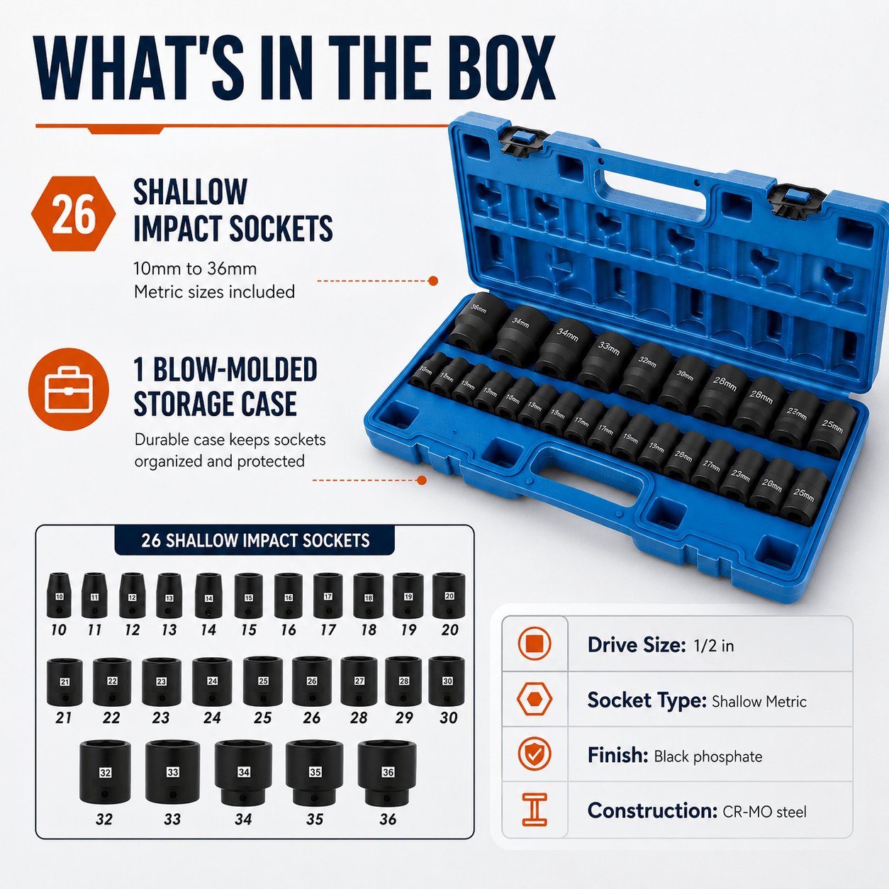 35-Piece 1/2" Drive Metric Impact Socket Set, 8–32 mm Cr-Mo Steel Sockets, 38 mm Shallow & 78 mm Deep Lengths, 6-Point Design, Black Phosphate Finish with 45 x 19 cm Steel Case 跨境标准翻译（标题 + 专业术语拆解 + 上架五点描述） 商品标题（亚马逊 / Shopify 商用译版） 35 件套 1/2 英寸方驱公制冲击