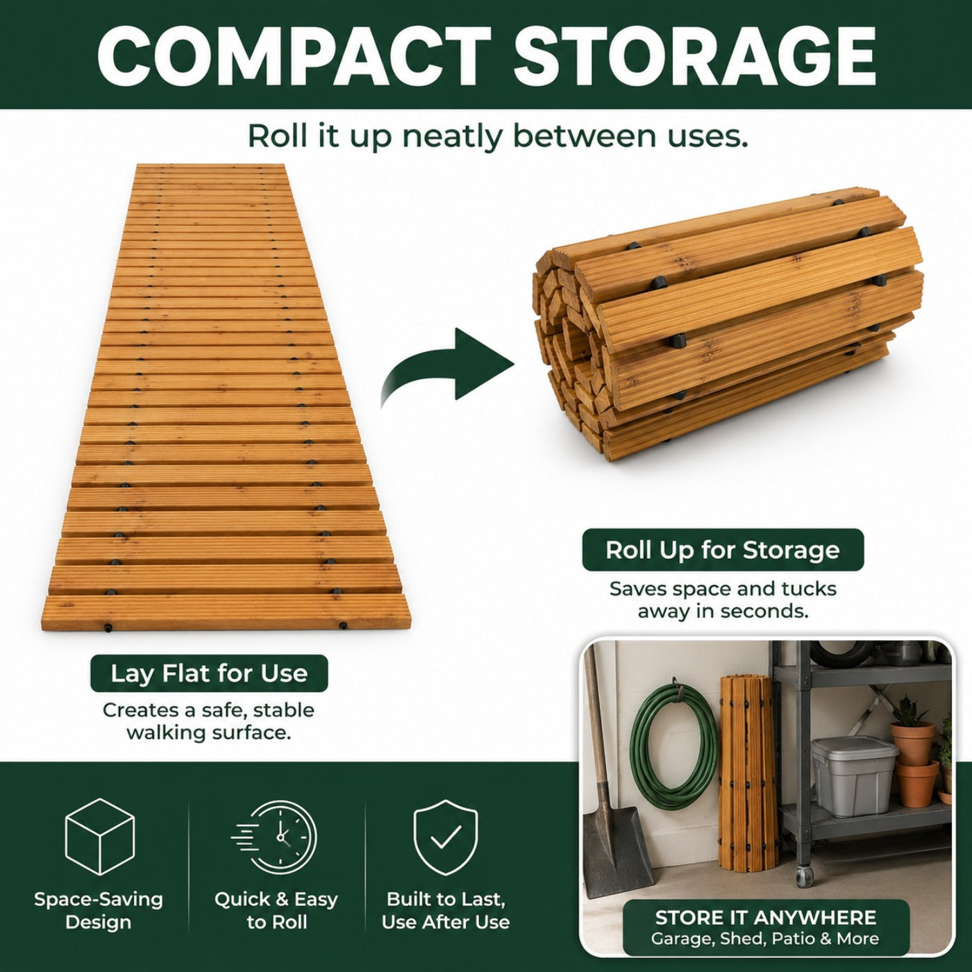 Roll-Up Natural Hardwood Garden Pathway Mat, Weather Resistant Outdoor Wooden Walkway, Multiple Sizes 8/10/12FT, Natural & Brown Color Options