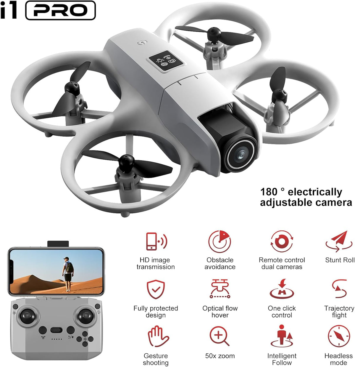 RC Drone with HD Camera for Beginners Adults, Under 249g Lightweight Mini Drones with Body Lights 360° Rolling One-Key Takeoff/Landing, Remote Control Quadcopter with Gesture Control Headless Mode, I1 Pro Mini RC Quadcopter Cool Aircrafts Indoor Small Hel