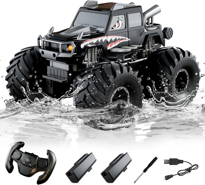 Amphibious Waterproof 4WD RC Monster Truck, 2.4GHz All Terrain Off-Road Pickup with 360° Rotation, Pool Water RC Vehicle Toy Gift for Boys Ages 8-12+ (Black)