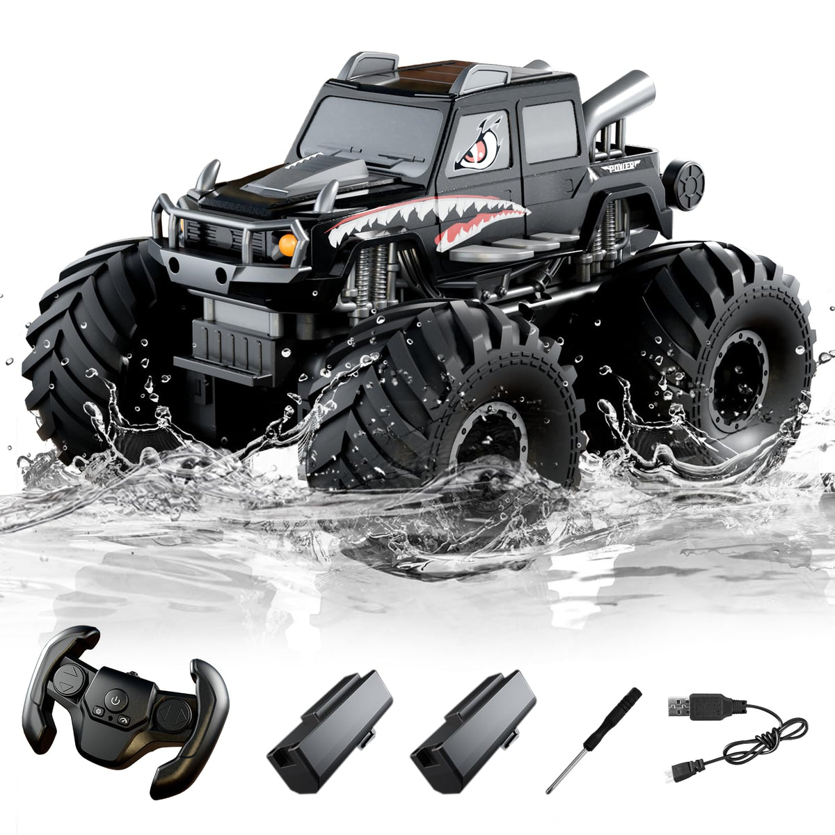 Amphibious Waterproof 4WD RC Monster Truck, 2.4GHz All Terrain Off-Road Pickup with 360° Rotation, Pool Water RC Vehicle Toy Gift for Boys Ages 8-12+ (Black)