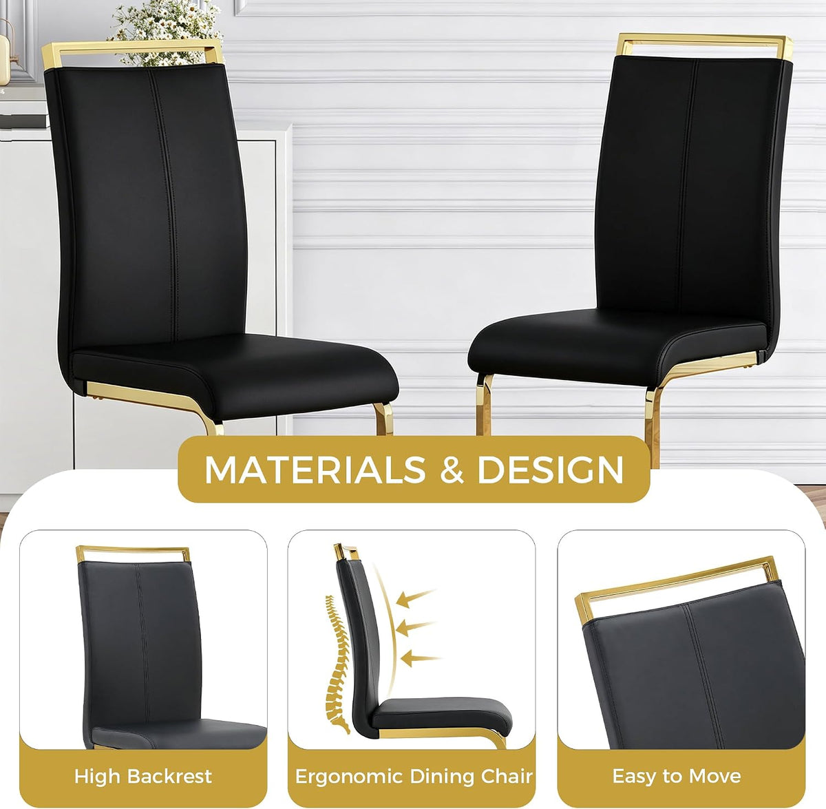 High Back Padded Dining Chairs with Golden Metal Legs, Faux Leather Kitchen Side Chair Sold in 1/2/4 Sets