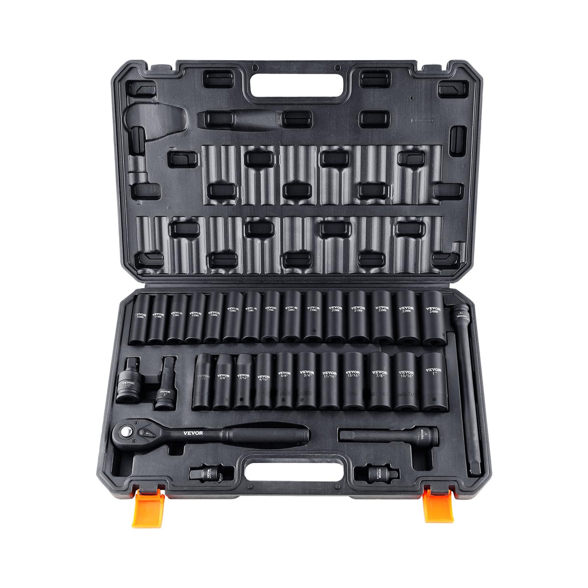 Professional 1/2" Drive Impact Socket Set, SAE 7/16" -1" & Metric 13-24mm 6 Point Cr-V Steel Socketswith Ratchet Wrench, Heavy Duty Storage Case for Auto Truck Household Repair