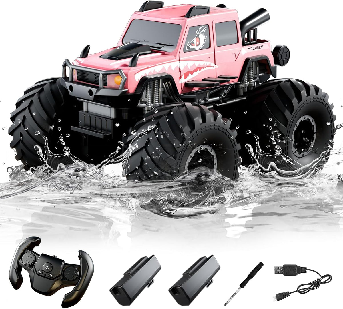Amphibious Waterproof 4WD RC Monster Truck, 2.4GHz All Terrain Off-Road Pickup with 360° Rotation, Pool Water RC Vehicle Toy Gift for Boys Ages 8-12+ (Black)
