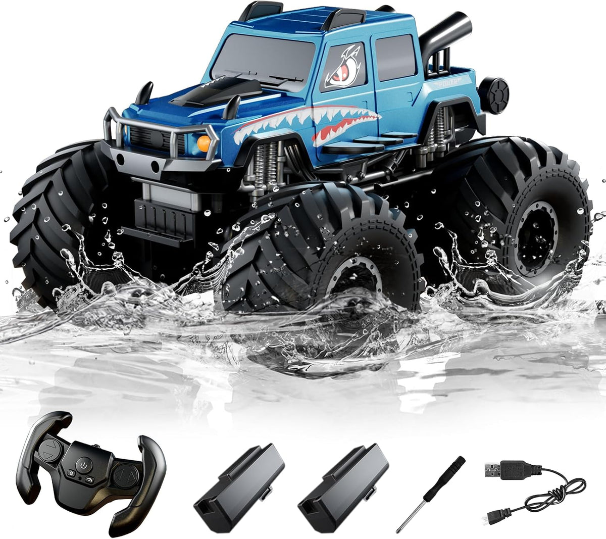 Amphibious Waterproof 4WD RC Monster Truck, 2.4GHz All Terrain Off-Road Pickup with 360° Rotation, Pool Water RC Vehicle Toy Gift for Boys Ages 8-12+ (Black)