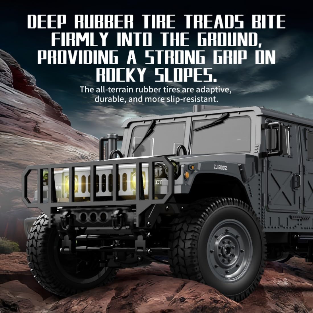 1/12 Scale Military RC Trail Truck, 2.4G Proportional RTR Off-Road Vehicle with LED Lights, Linked Steering, Openable Trunk, Type-C Charging (Advanced, Black)