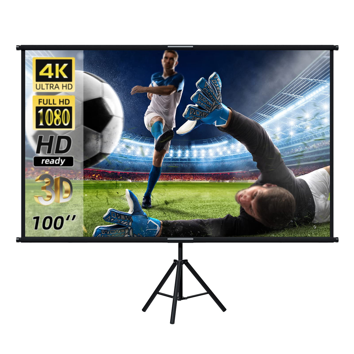 Portable Tripod Projector Screen with Stand, 16:9 4K Ultra HD 1080P Full HD Anti-Crease Projection Screen with Carry Bag for Indoor Outdoor Home Theater Party Movie Night