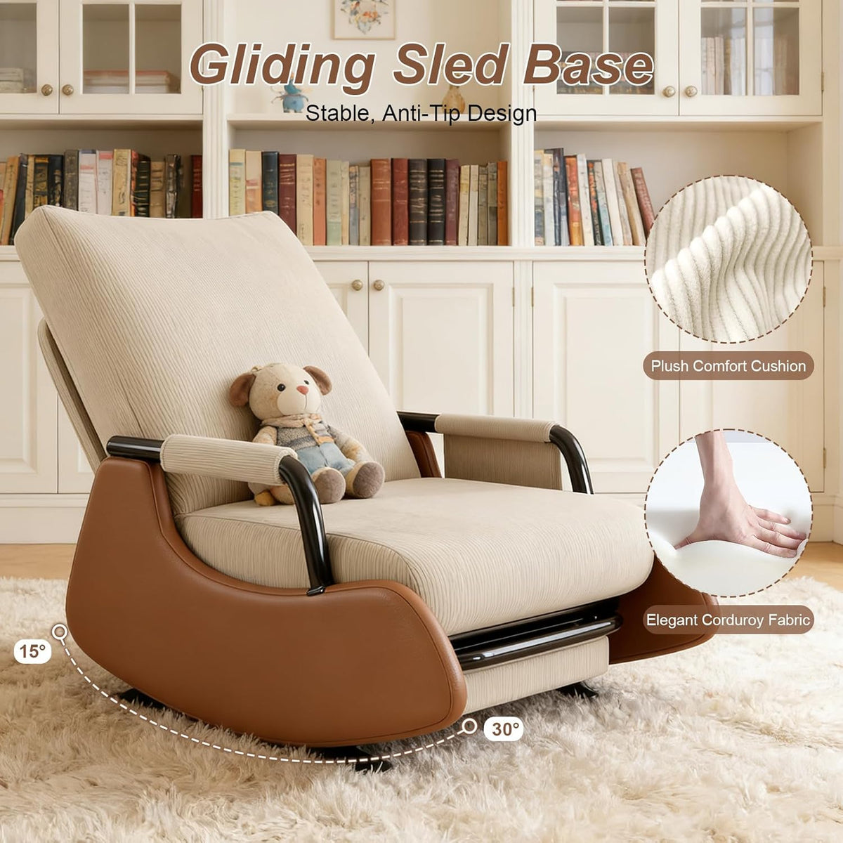 Adjustable Corduroy Rocker Recliner with Footrest & Side Pocket for Nursery Bedroom