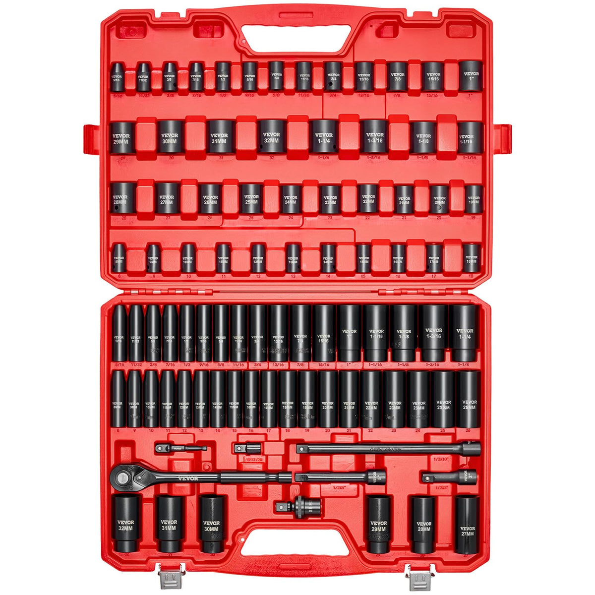 Professional 1/2" Drive Impact Socket Set, SAE 7/16" -1" & Metric 13-24mm 6 Point Cr-V Steel Socketswith Ratchet Wrench, Heavy Duty Storage Case for Auto Truck Household Repair