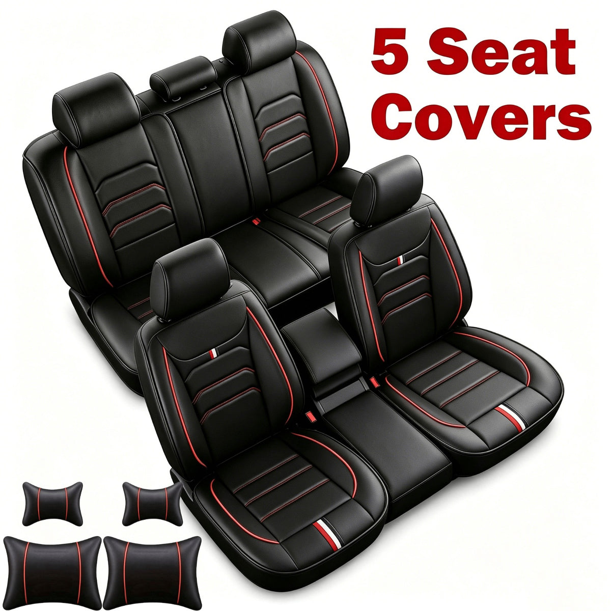 Universal Full Set 5 Car Seat Covers for 5-Seater Vehicles, Waterproof Faux Leather Auto Seat Cushion Protector, Multiple Styles Black Red Pink Blue Orange Gray Car Seat Covers Interior Decoration for Sedan SUV Van Pickup Truck
