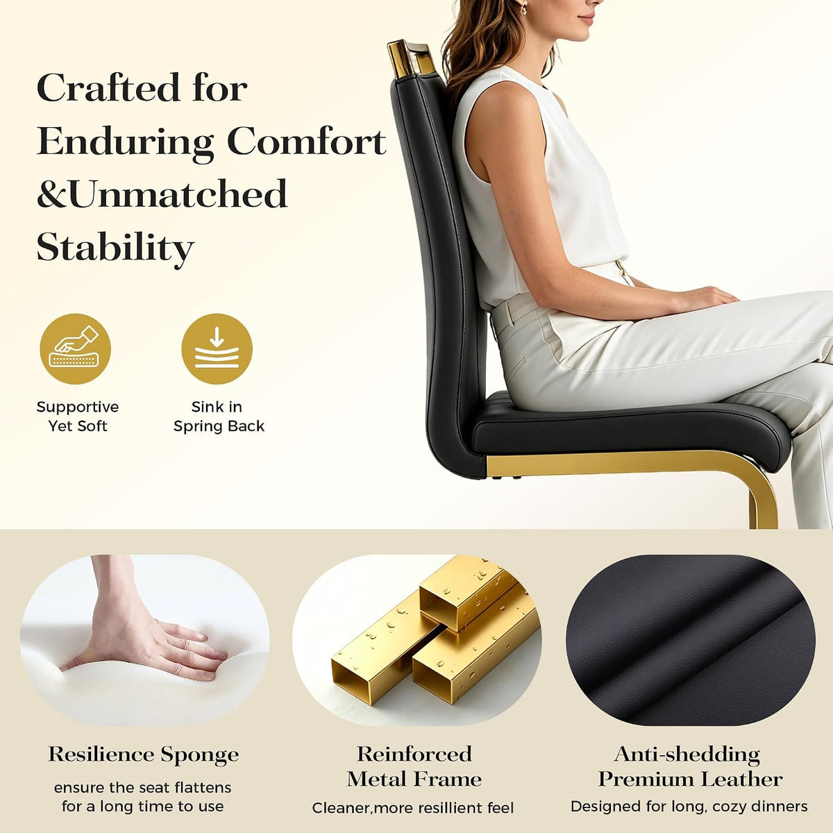 High Back Padded Dining Chairs with Golden Metal Legs, Faux Leather Kitchen Side Chair Sold in 1/2/4 Sets