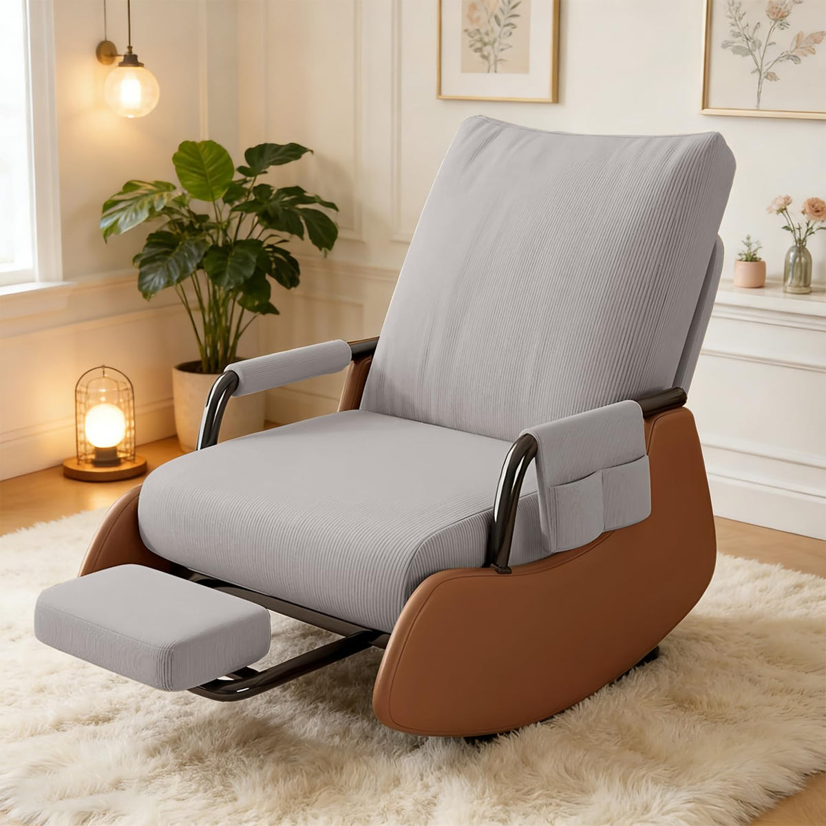 Adjustable Corduroy Rocker Recliner with Footrest & Side Pocket for Nursery Bedroom