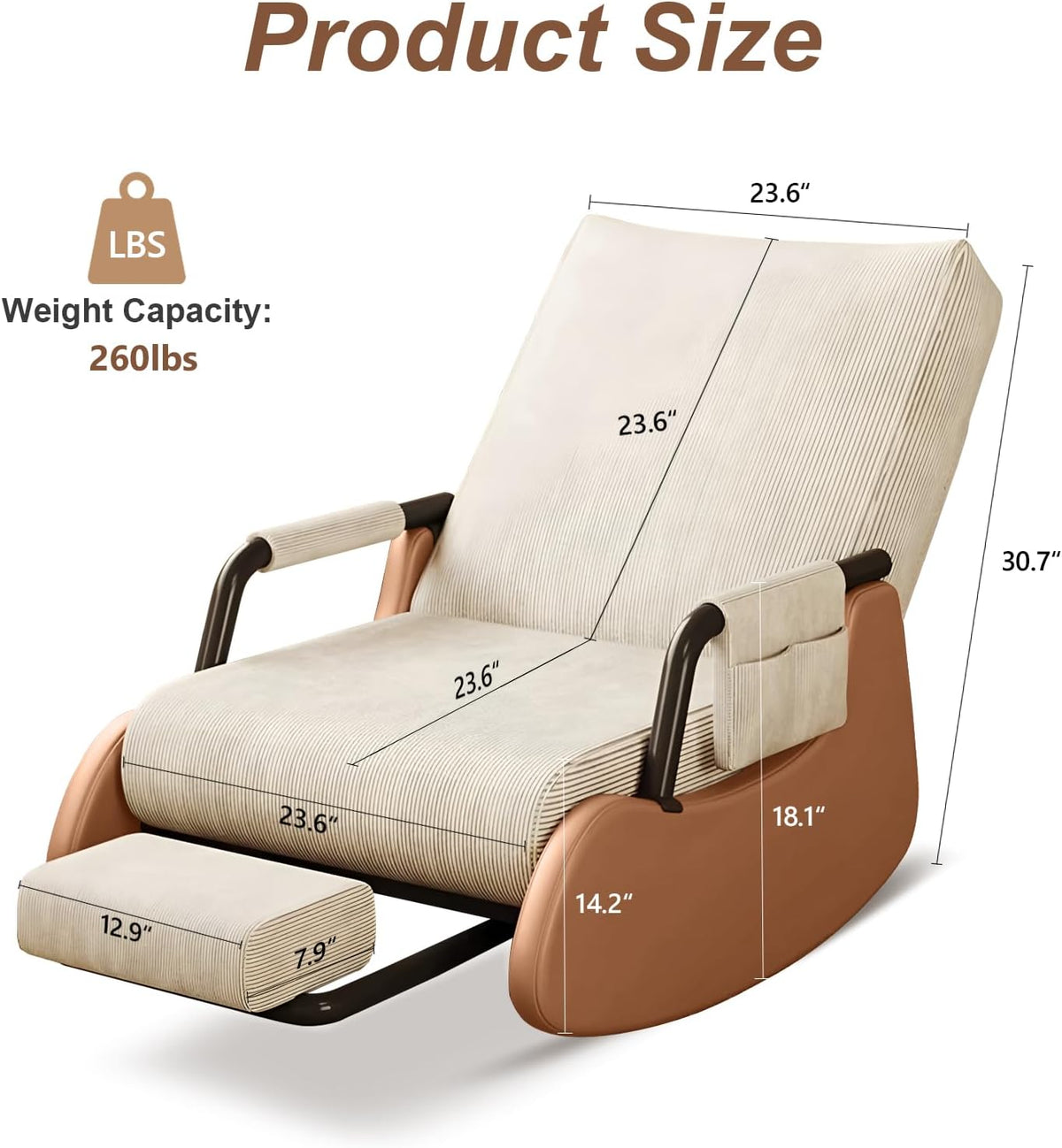 Adjustable Corduroy Rocker Recliner with Footrest & Side Pocket for Nursery Bedroom